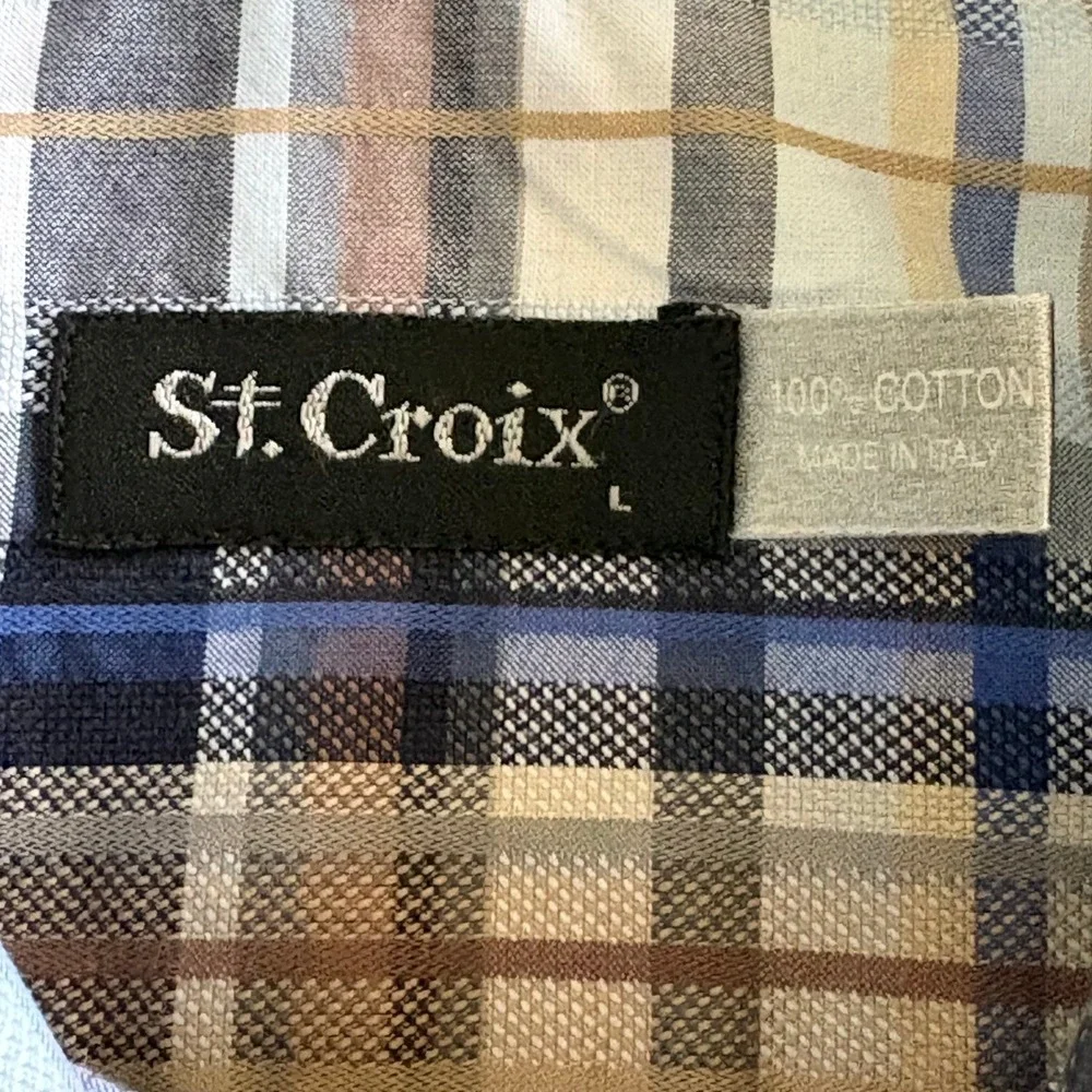 St. Croix Men‎ Button Down Shirt Large Tan Blue Plaid Cotton Italy Pocket EUC!